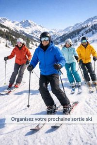 Groupe d'amis skiant ensemble sur une piste de montagne