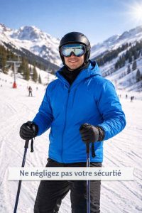 Skieur équipé d'un casque et d'un masque sur une piste ensoleillée