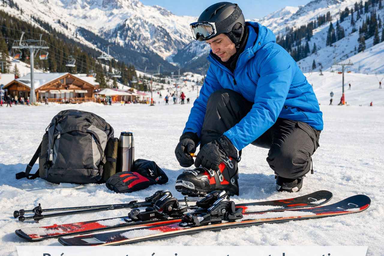Skieur préparant son équipement de ski au pied des pistes en montagne