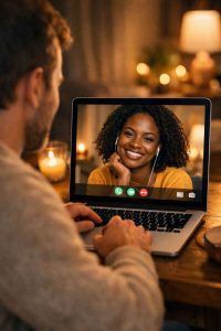 Un homme échange en visioconférence avec une femme africaine. L'image illustre les rencontres à distance et la communication dans une relation