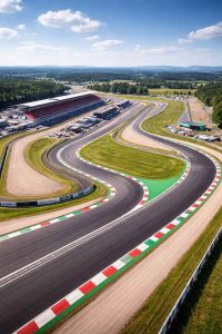 Vue aérienne d'un circuit automobile avec ses virages techniques et ses longues lignes droites. Un environnement idéal pour découvrir la conduite sur circuit lors d'un stage de pilotage
