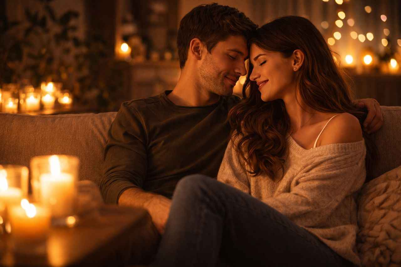 Un couple assis l'un près de l'autre dans une ambiance chaleureuse éclairée à la bougie. L'image évoque la complicité et les moments intimes dans une relation amoureuse