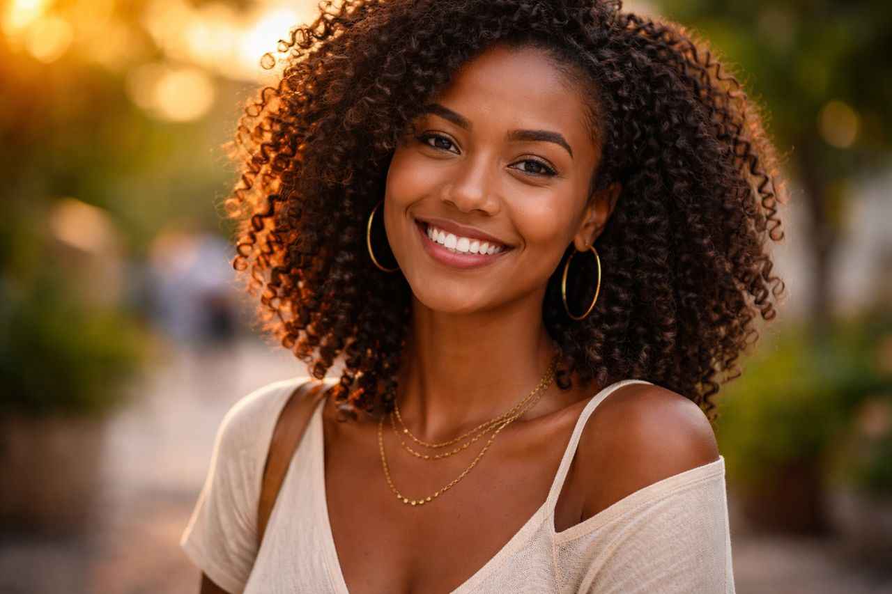 Portrait naturel d'une femme africaine souriante dans un environnement lumineux. L'image illustre l'idée de rencontre et d'ouverture culturelle