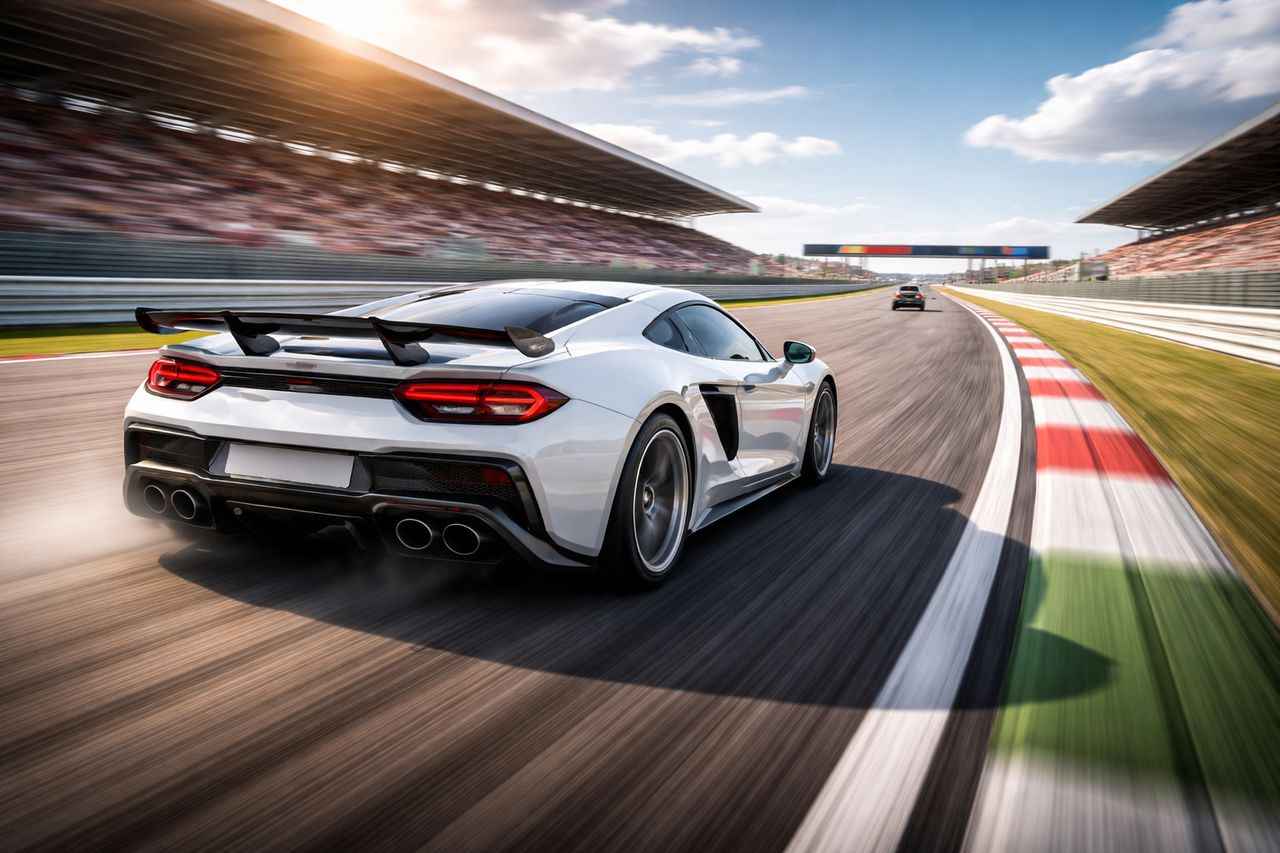 Une voiture sportive lancée à pleine vitesse sur un circuit automobile. Cette image illustre parfaitement l'expérience intense d'un stage de pilotage sur circuit et les sensations fortes ressenties sur piste