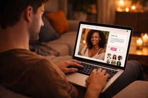 Un homme consulte un site de rencontre sur son ordinateur portable dans un salon moderne. L'image évoque la recherche d'une rencontre internationale