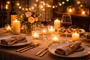 Une table dressée avec bougies et verres à vin dans une ambiance romantique. L'image représente une soirée en amoureux idéale pour raviver la passion