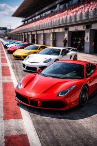 Ferrari, Porsche et autres voitures sportives alignées sur la pit lane d'un circuit automobile, prêtes pour un stage de pilotage et une expérience de conduite exceptionnelle
